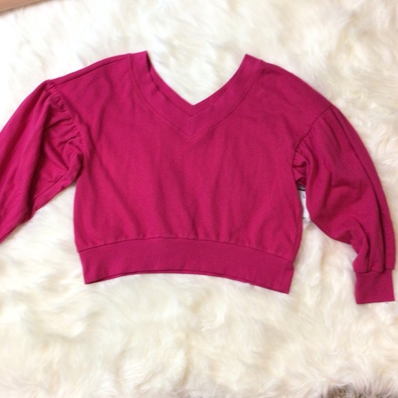 Wild Fable Pink Balloon Sleeve Cropped V-Neck Sweatshirt - Picture 8 of 11